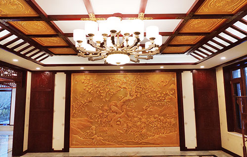 贵州中式别墅客厅中式木作横梁吊顶装饰展示